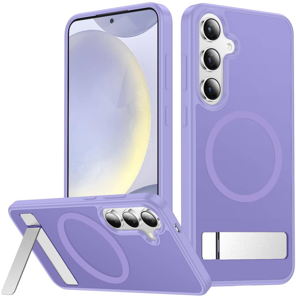Light purple magnetic phone case with circular stand and triple camera cutouts