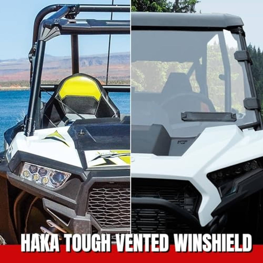 Vented windshield for Polaris RZR XP 1000 with top visor and black side supports