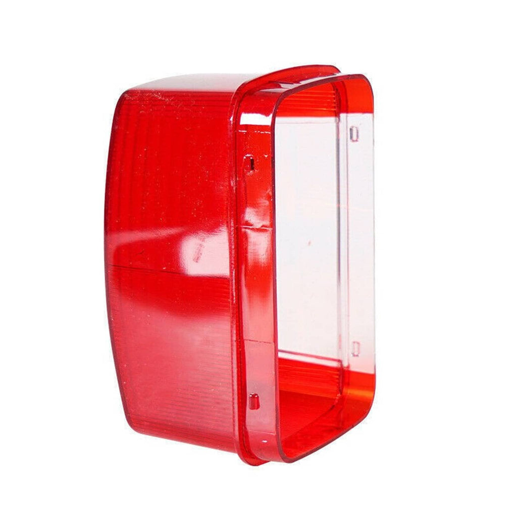 Red tail light lens with clear side window and rear mounting tabs