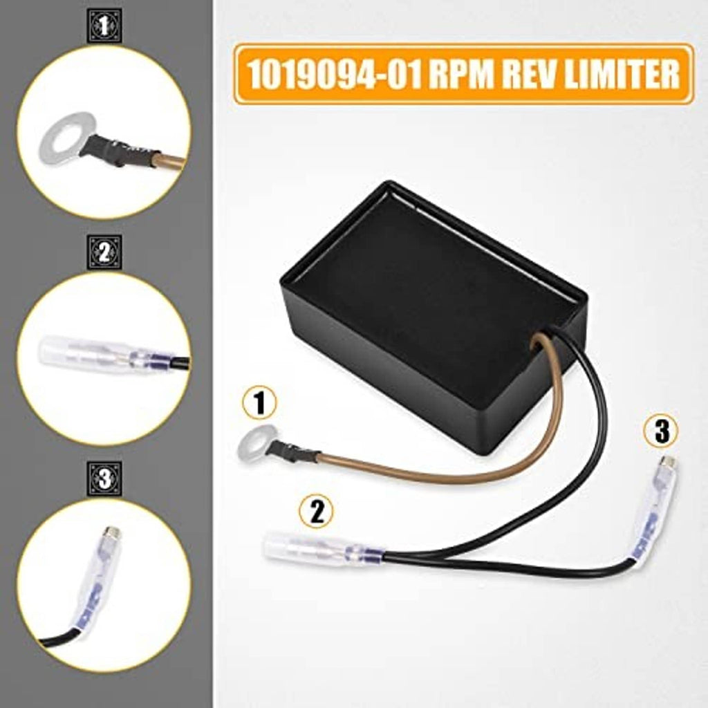 Black rev limiter control box kit with wiring leads and two clear connectors