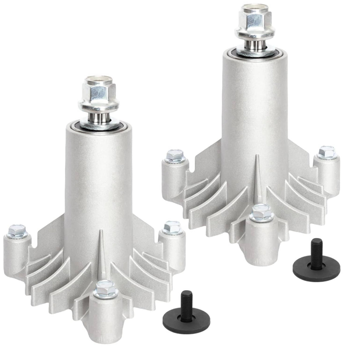 Mower spindle assembly set of 2, with silver mounting brackets and black feet