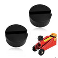 Two black slotted rubber jack pad adapters, semicircle cushioning for floor jack stands
