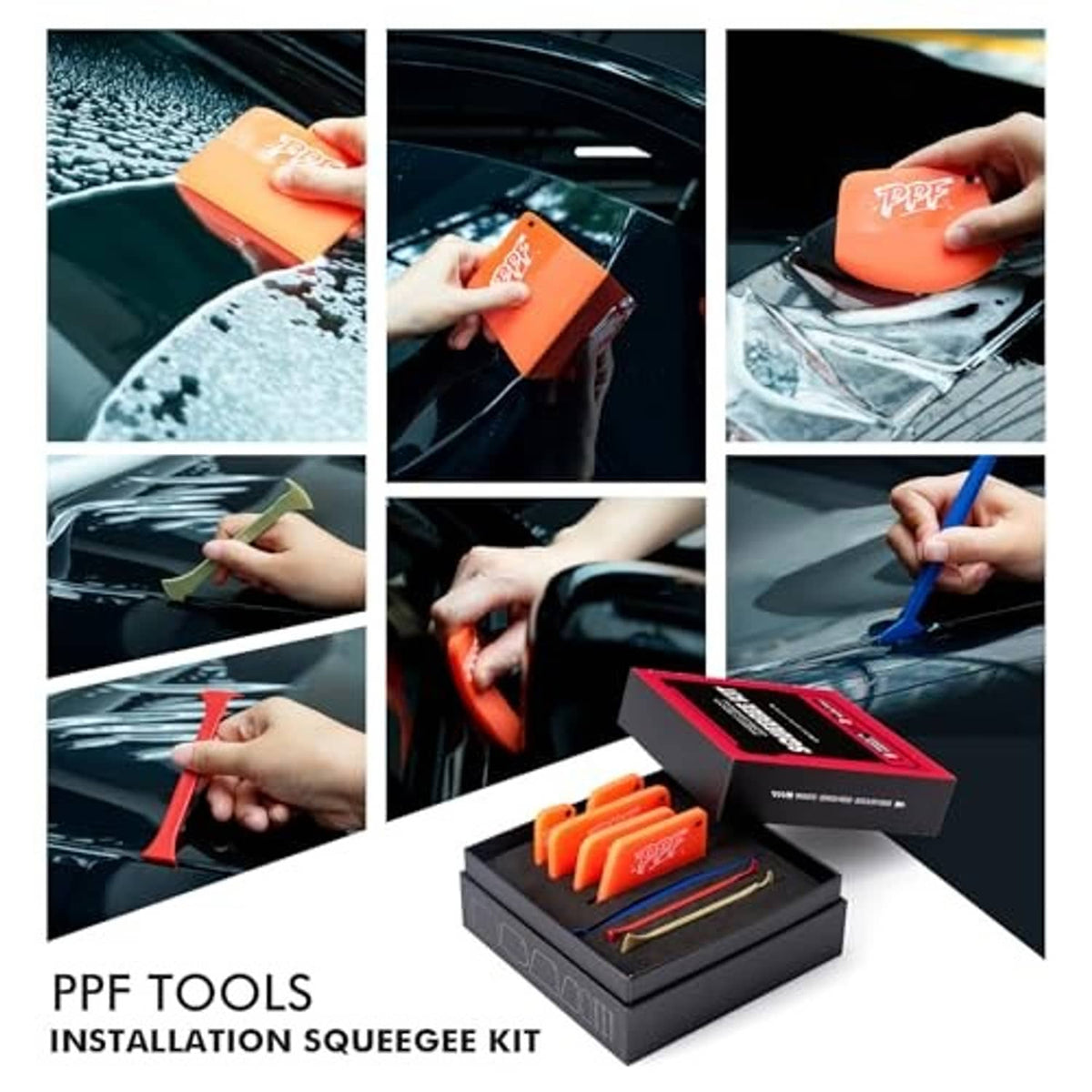 Orange and tan PPF squeegees with multiple shapes for smoothing vinyl wrap.