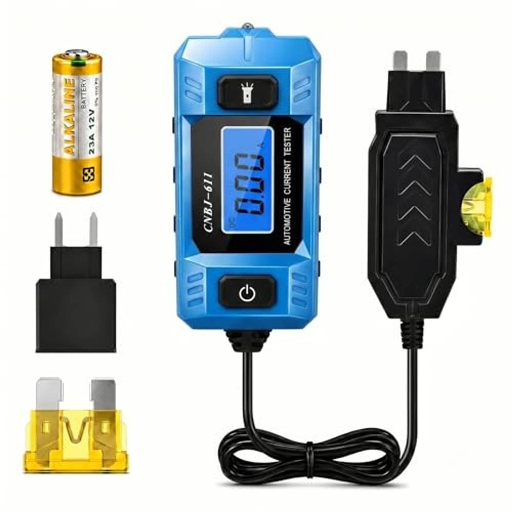 Blue automotive current tester device with LCD screen, power button, and probe cables
