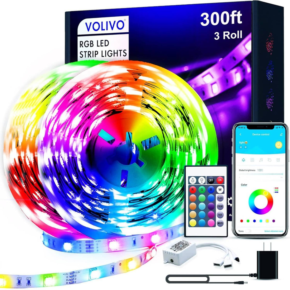 RGB LED strip light kit, 300ft roll with Bluetooth controller and app remote