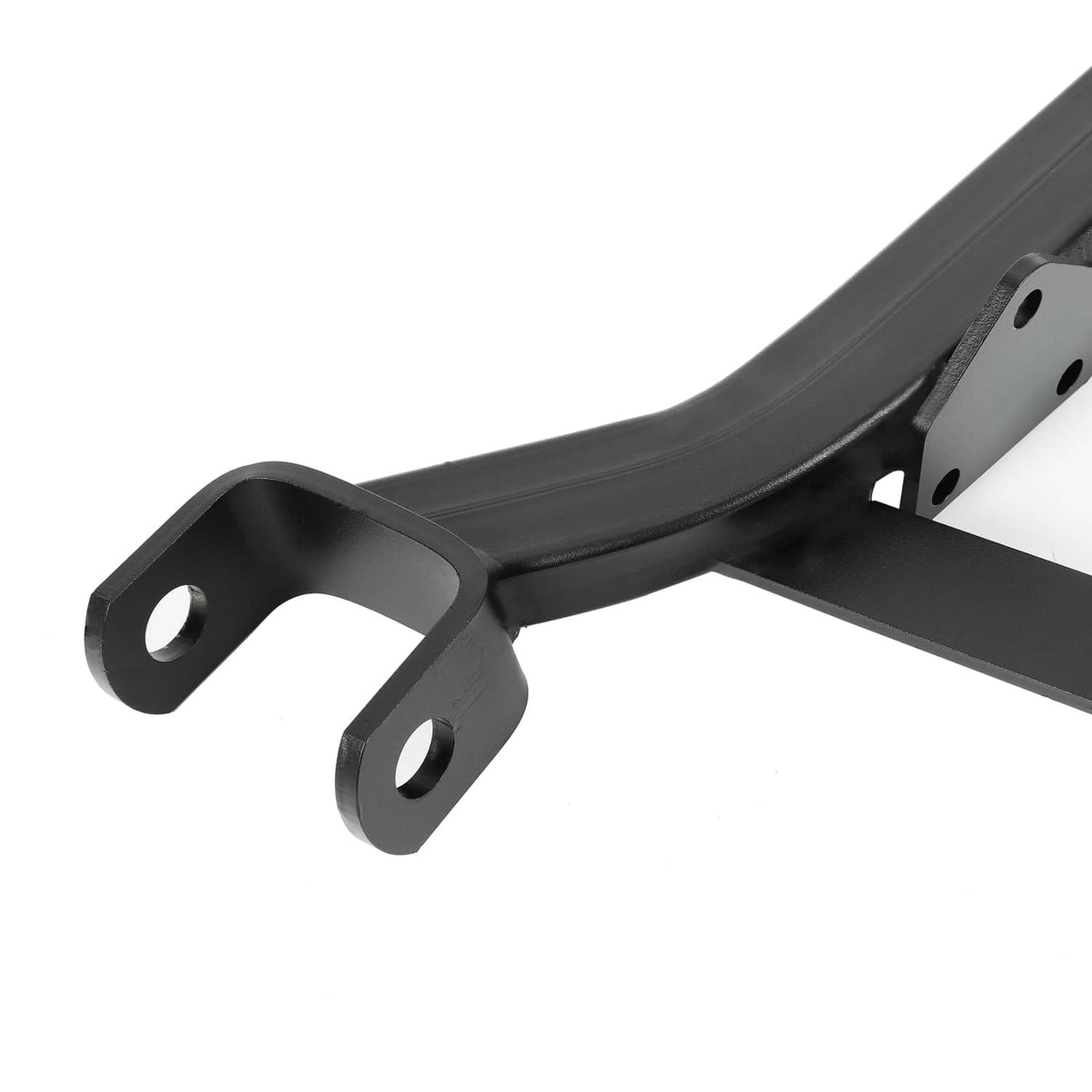 Close-up of black steel axle lift bracket end with circular mounting holes