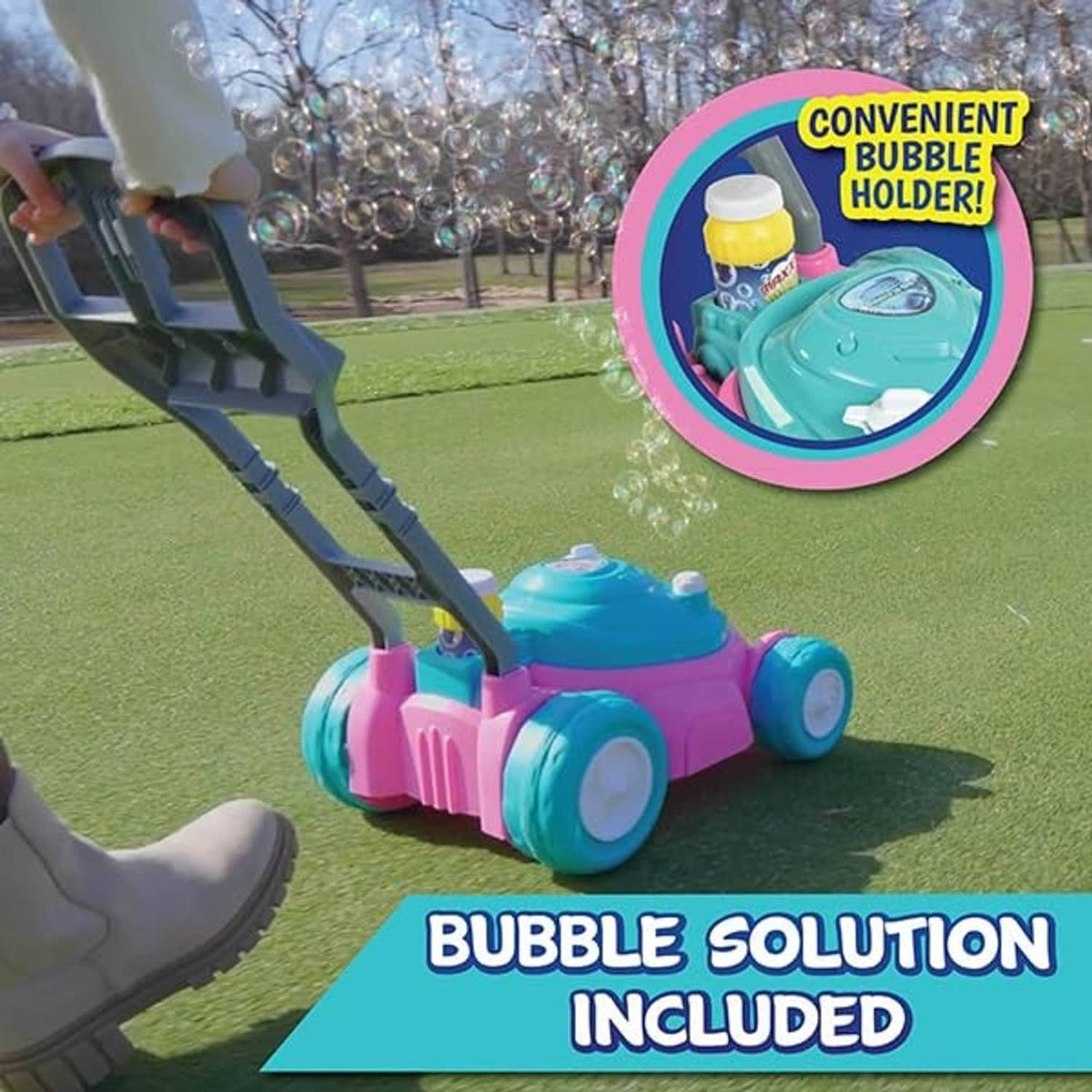 Teal and pink bubble lawn mower toy with bottle in side solution holder.