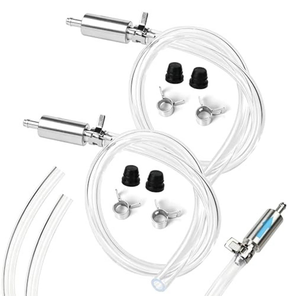 Universal brake bleeder kit with two clear hoses, aluminum couplers, and black rubber caps