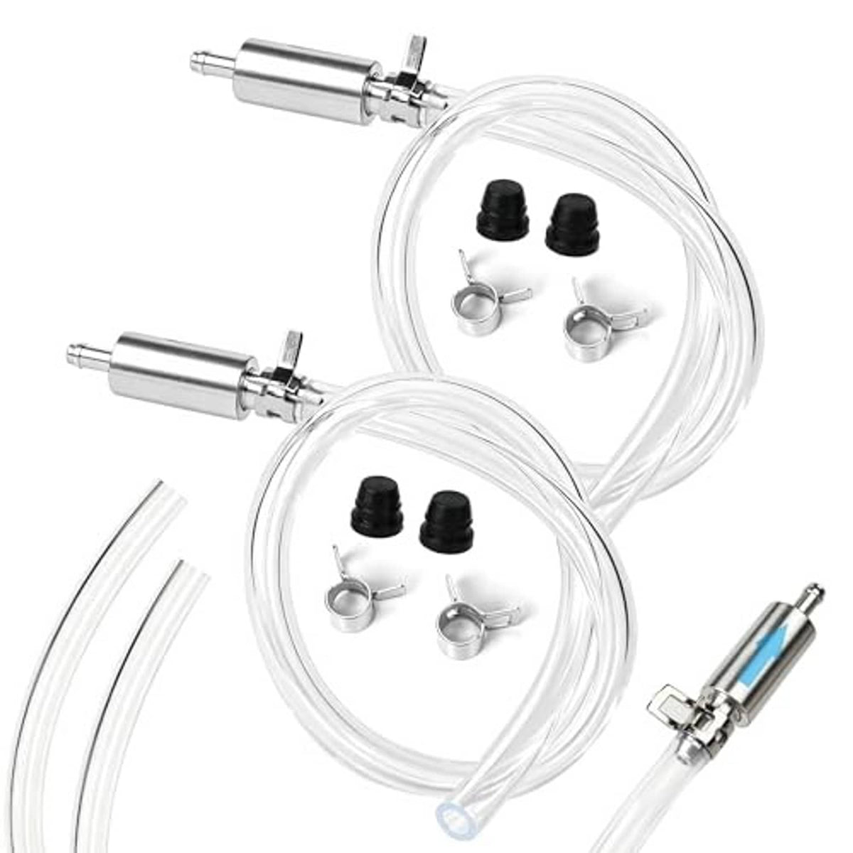 Universal brake bleeder kit with two clear hoses, aluminum couplers, and black rubber caps