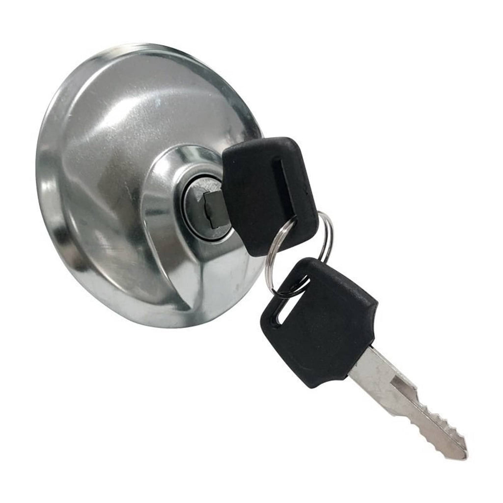 Fuel gas cap with chrome face, black lock cylinder, includes two keys
