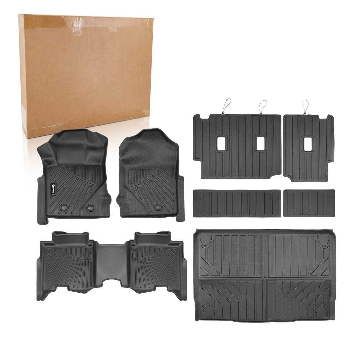 Full set floor liner mats for four-door layout, dark gray/black, with attachment cutouts
