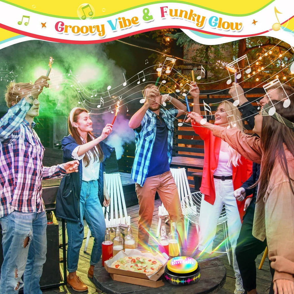 Glowing dance music button with yellow top and multicolored light glow ring