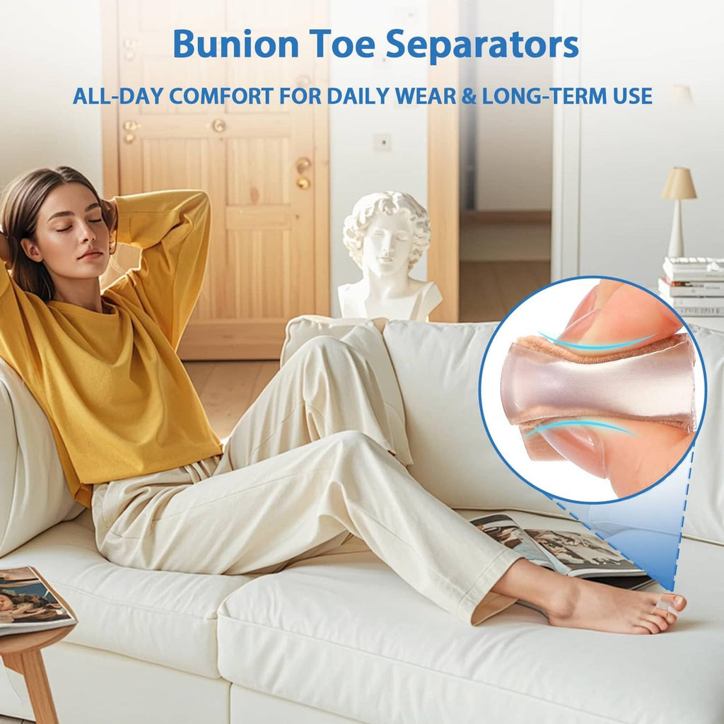 Bunion toe separators for all-day comfort, tan gel sleeves clipped over toes with inset detail