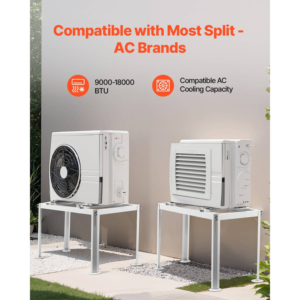 Pair of white mini split AC ground stands supporting outdoor condenser units