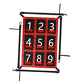 Baseball strike zone target net with red-and-black numbered 1–9 grid squares