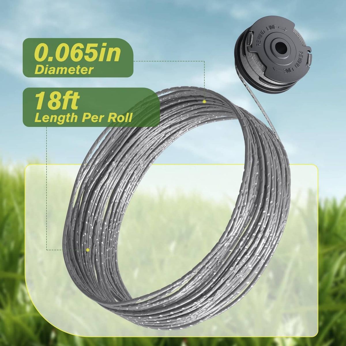 Trimmer line spool with gray cord on black reel, roll of string