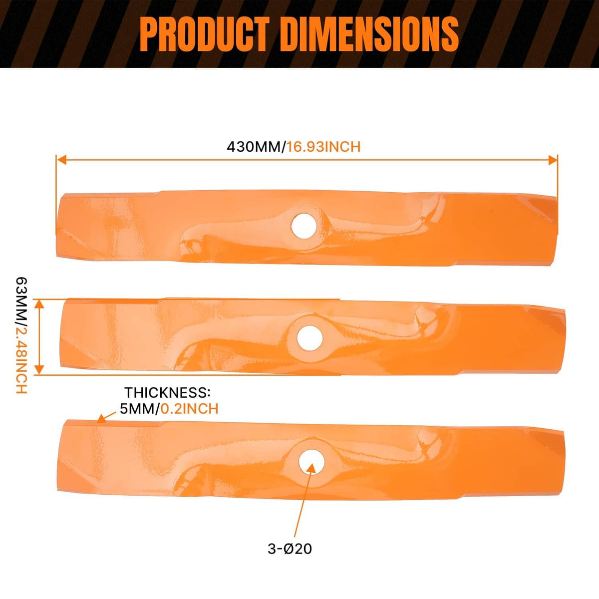 Orange mower blades with center holes; 16.93 in length and 0.21 in thickness shown