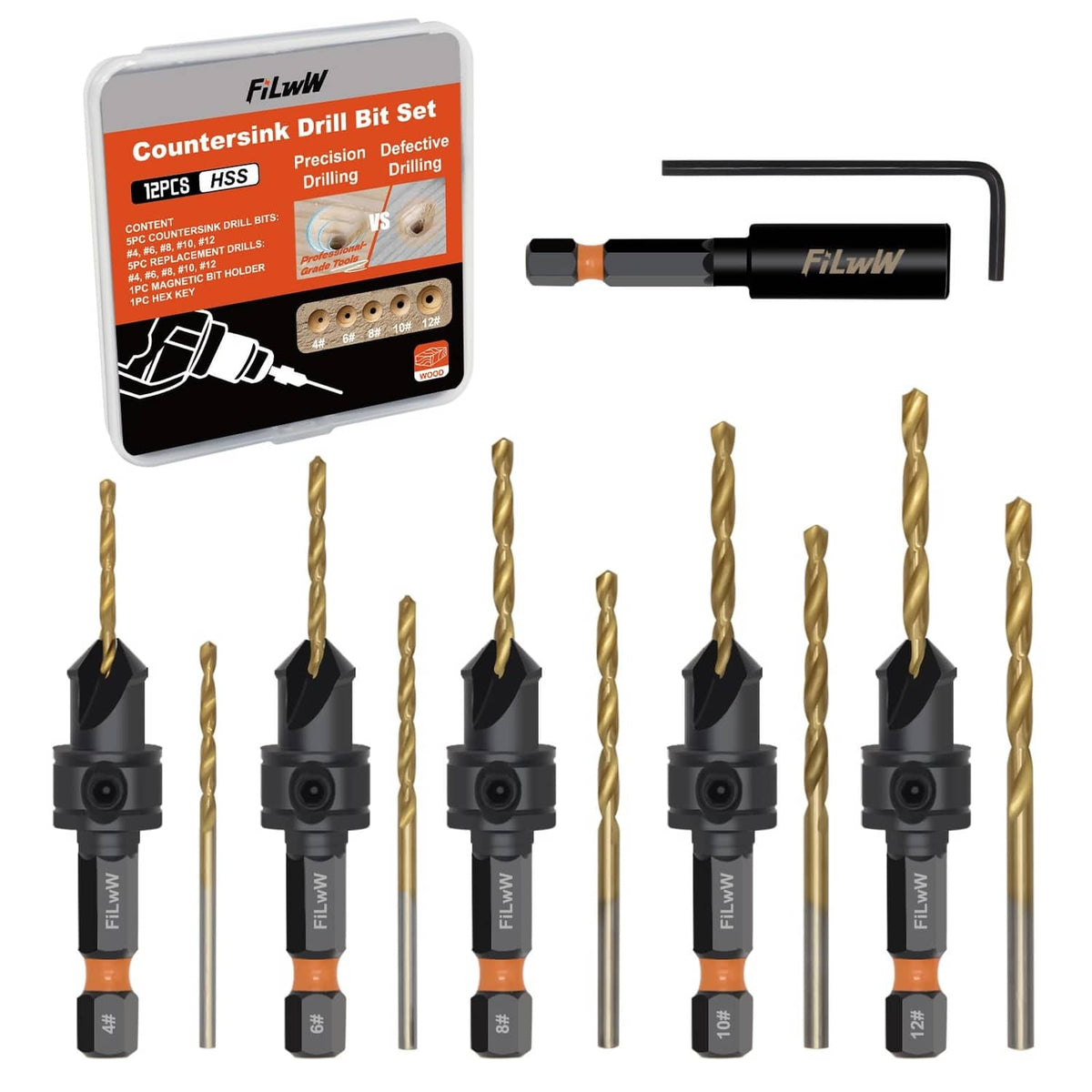 FiLwW countersink drill bit set with 12 gold bits and black holders shown on packaging