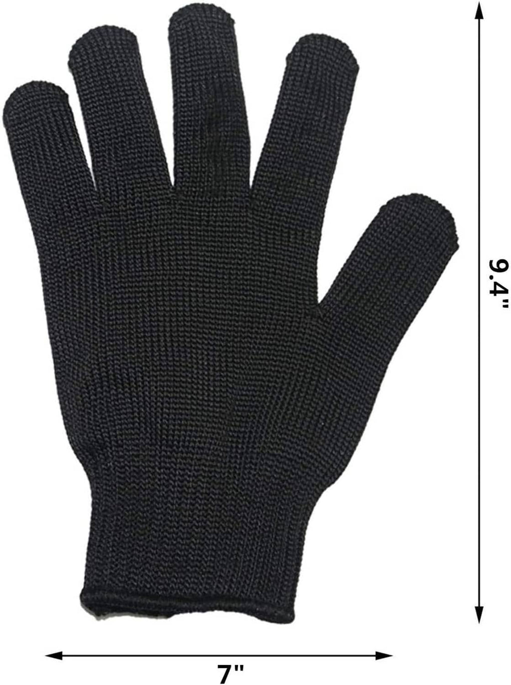 Black knit protective glove, approx 7 in wide x 9.4 in tall; hand outline