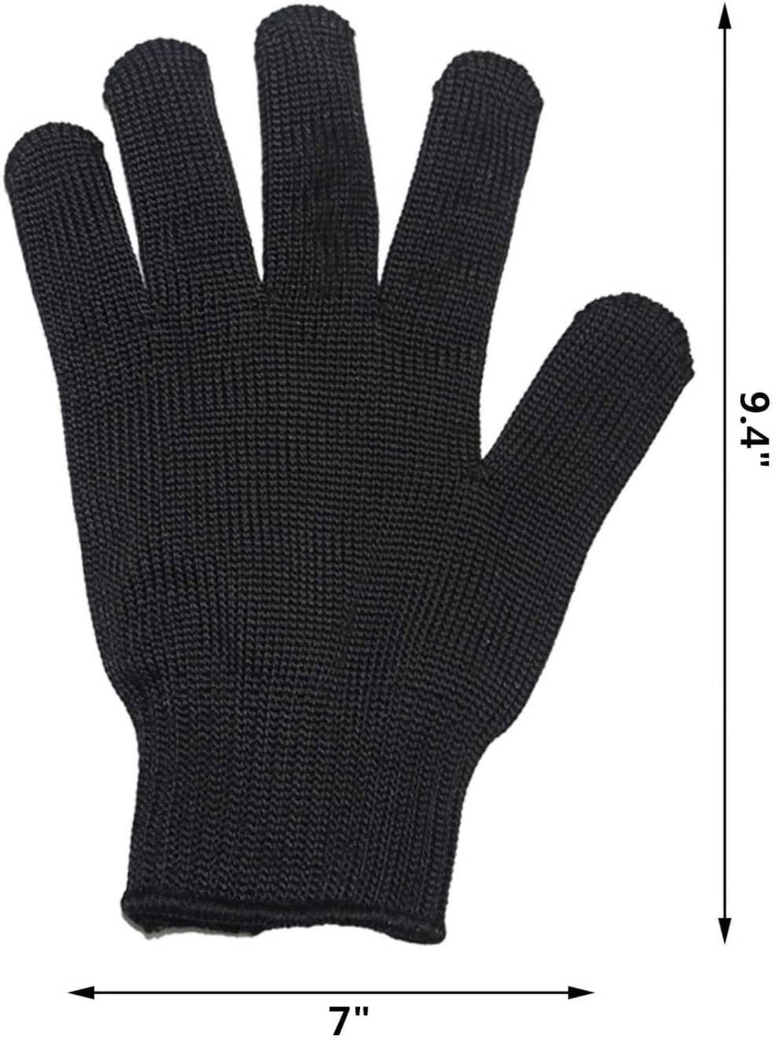 Black knit protective glove, approx 7 in wide x 9.4 in tall; hand outline