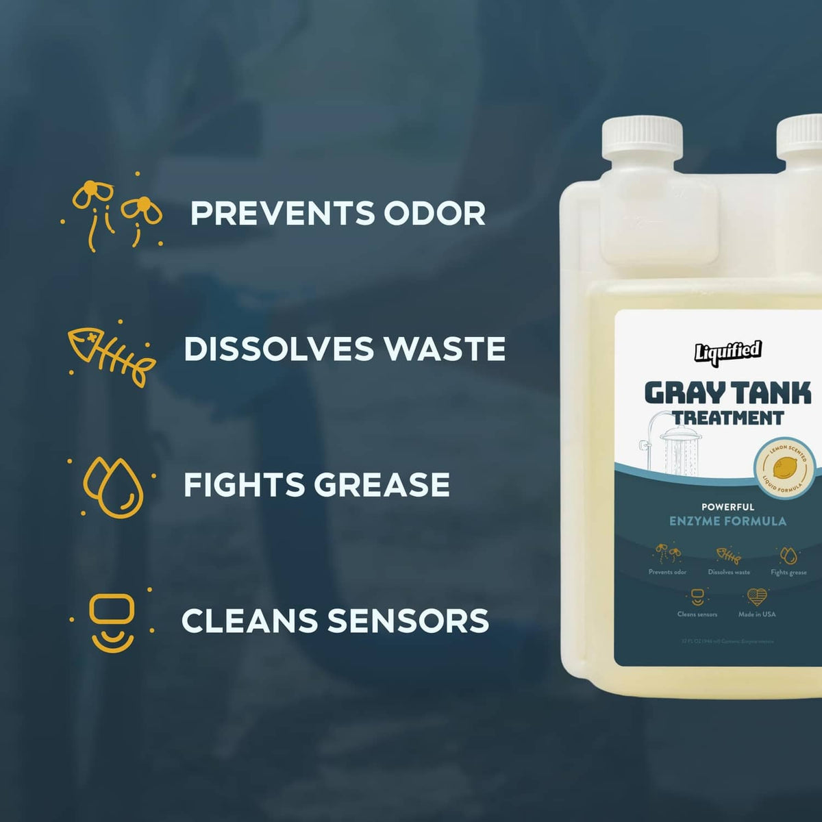Gray tank treatment bottle with odor, waste-dissolving, and grease-fighting icons, two caps