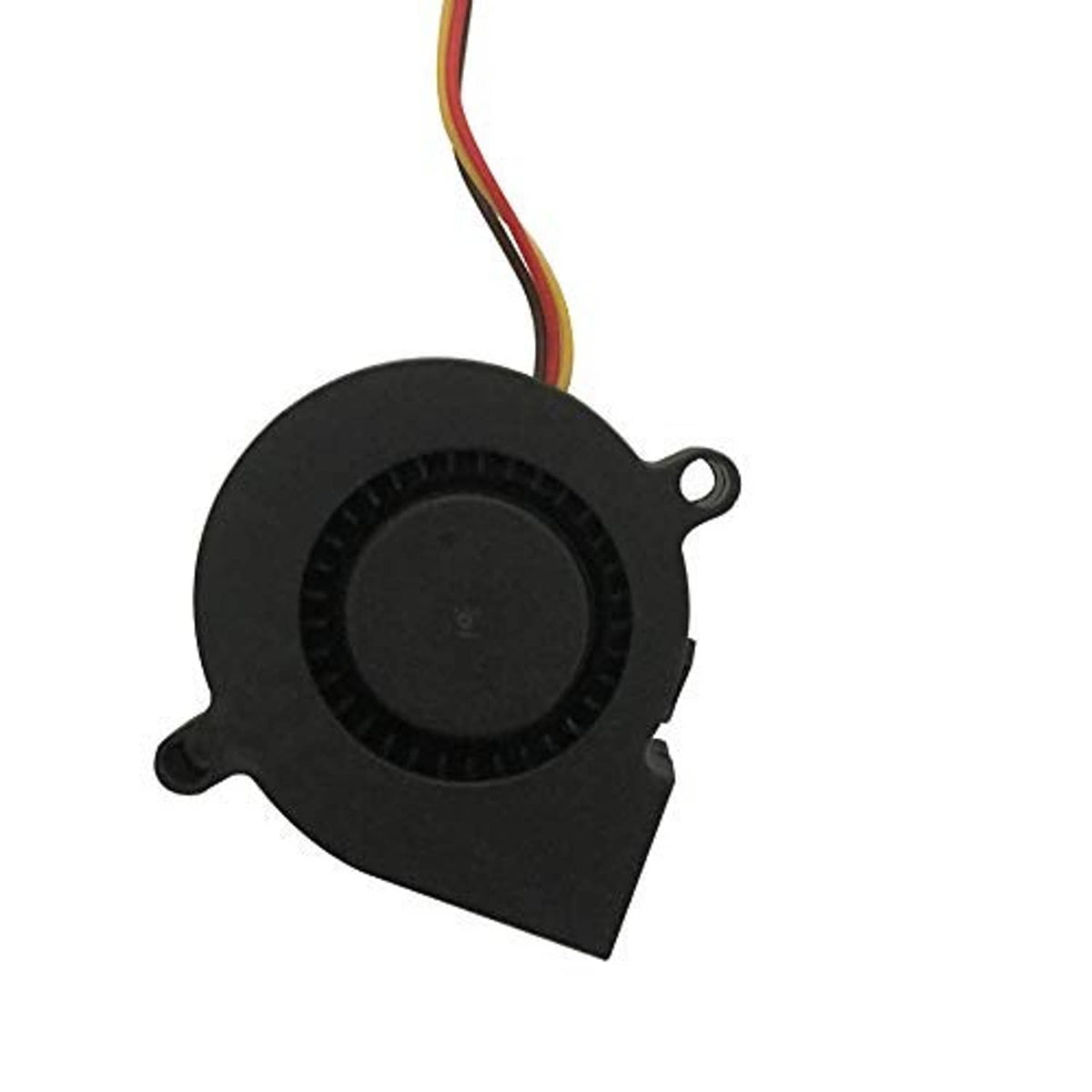 Small black DC fan housing with blue label and red-yellow-white wire lead