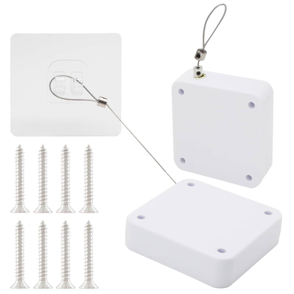 White sliding door closer plates with tether cords and hanging hook, two-pack
