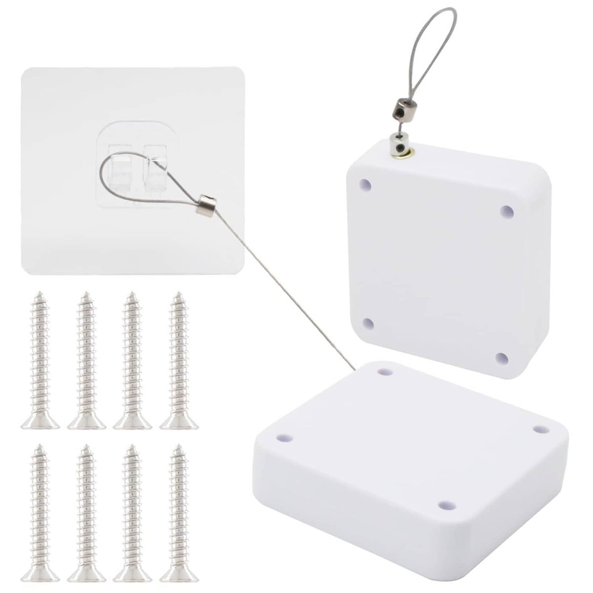White sliding door closer plates with tether cords and hanging hook, two-pack