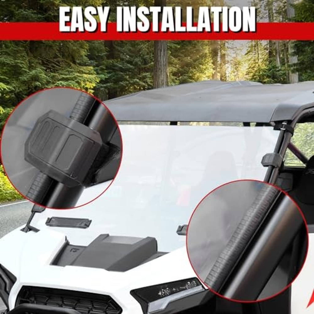 Vented windshield for Polaris RZR XP 1000 with side mounting hardware close-up