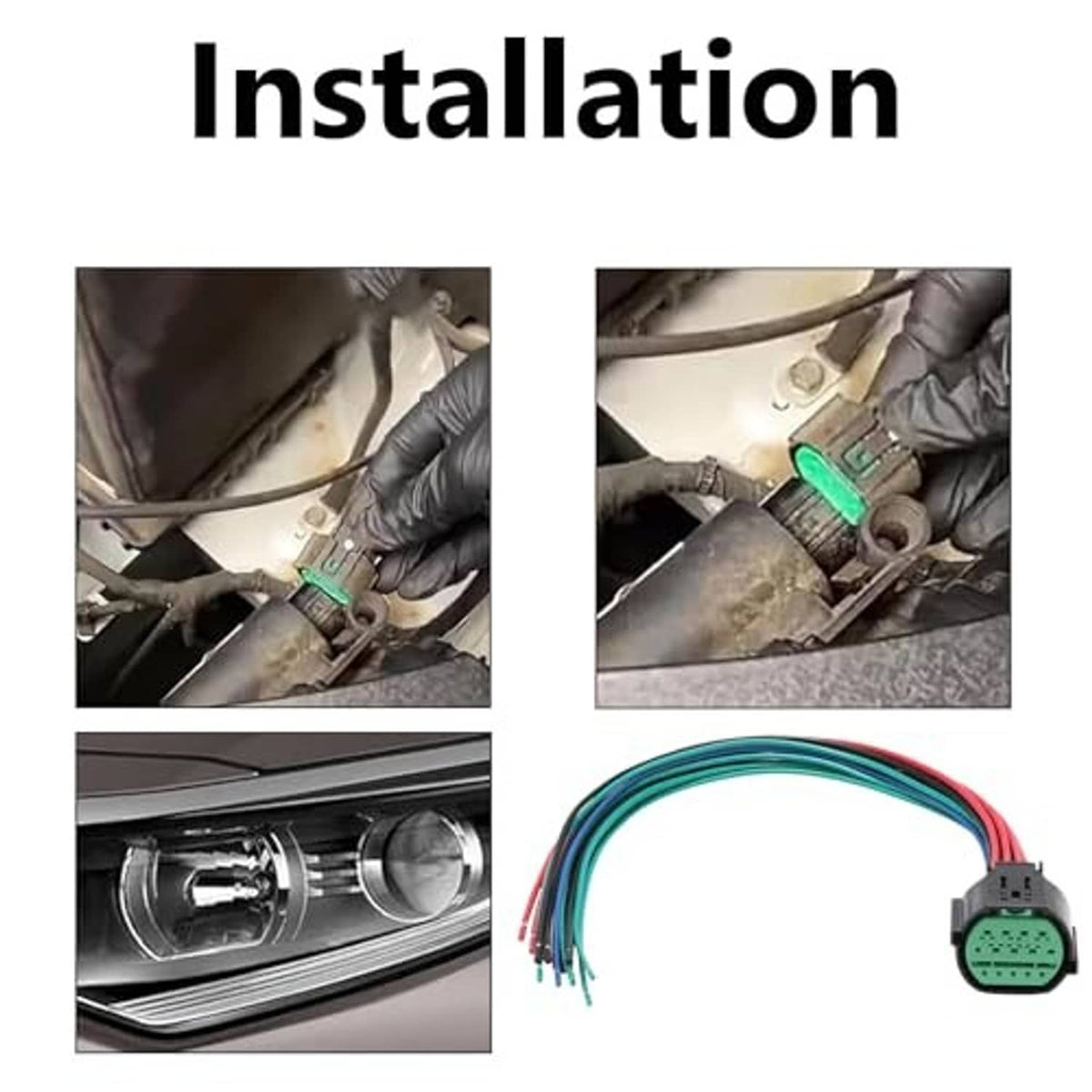 14-pin headlight connector harness with green plugs and multicolor wires for installation