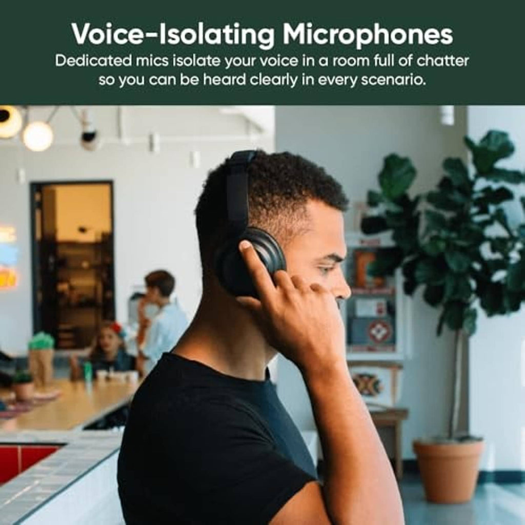 Over-ear wireless noise-cancelling headphones on a person, side view of the earcups.