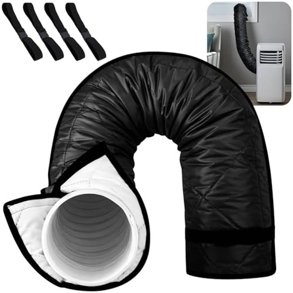 Black quilted AC exhaust hose cover with open white end and elastic strap