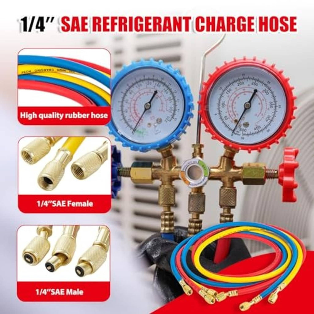 AC manifold gauge hose kit with 1/4 in SAE hoses, brass fittings, and two gauges