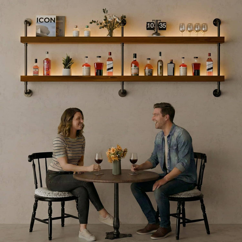 Wood and black pipe 2-tier wall wine rack mounted behind a bar table