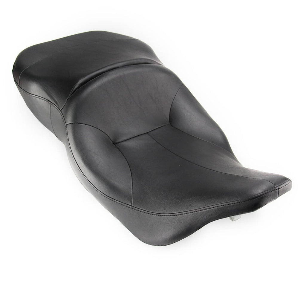 Black driver passenger motorcycle seat with stitched contours and padded backrest