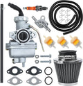 Carburetor kit with air filter, black fuel line hoses, fittings, gaskets, and spark plug