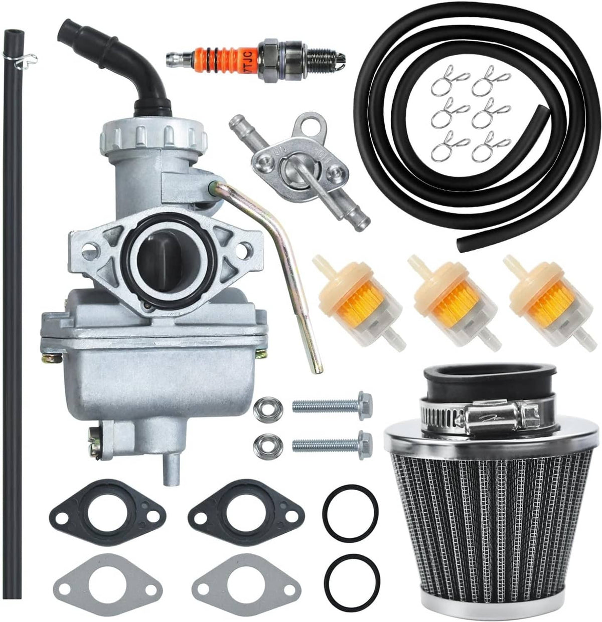 Carburetor kit with air filter, black fuel line hoses, fittings, gaskets, and spark plug