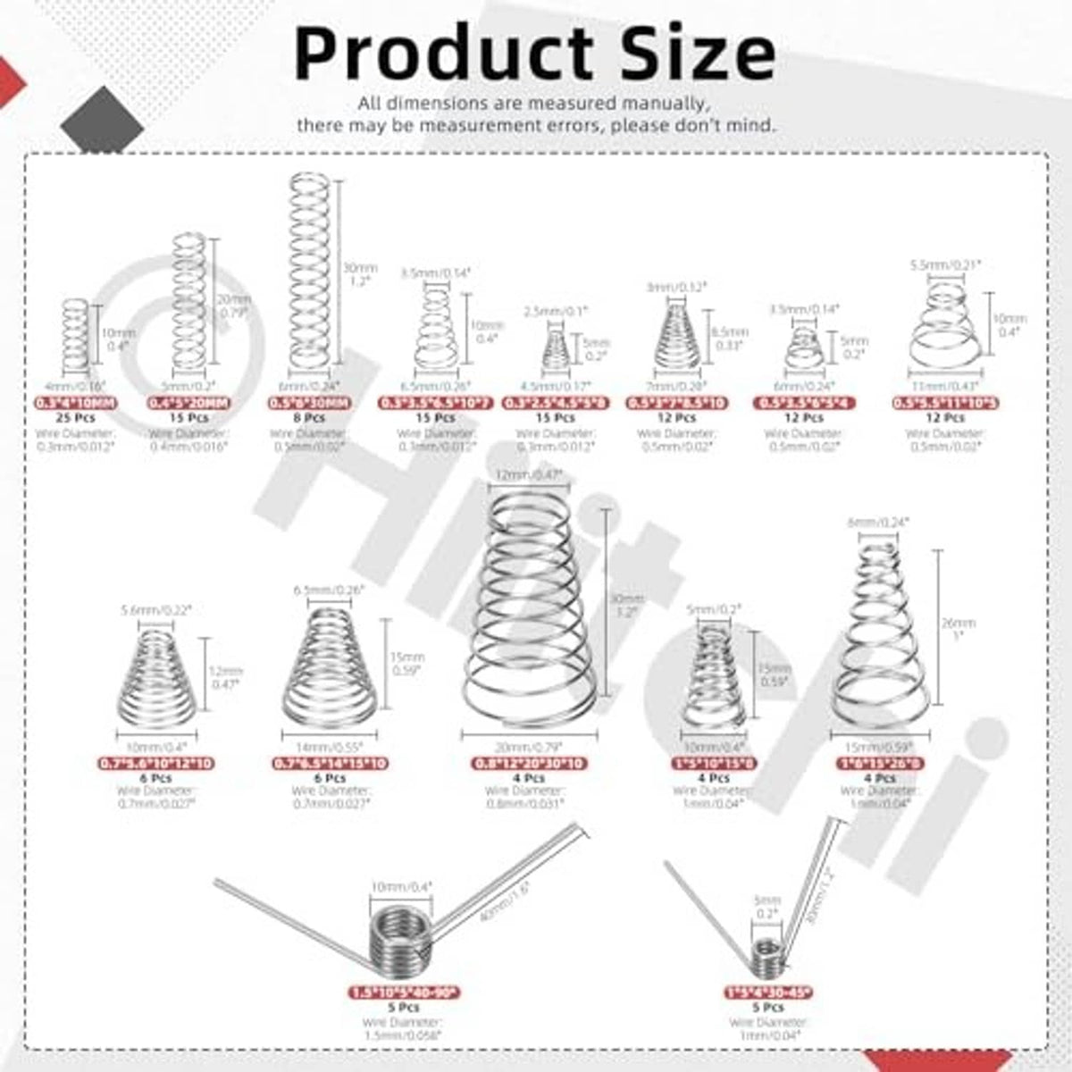 Compressed spring assortment size chart with labeled coil dimensions and quantities