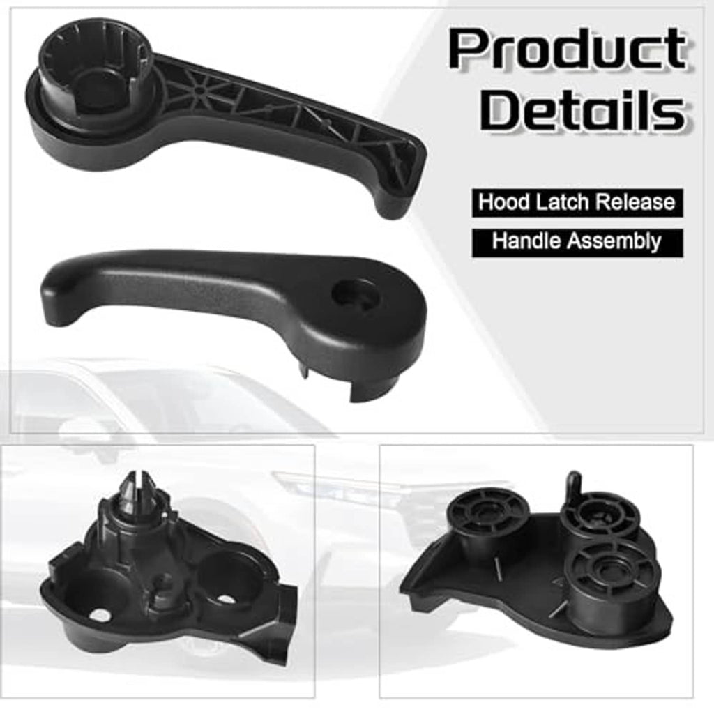 Hood latch release handle and base assembly, black plastic, shown from side