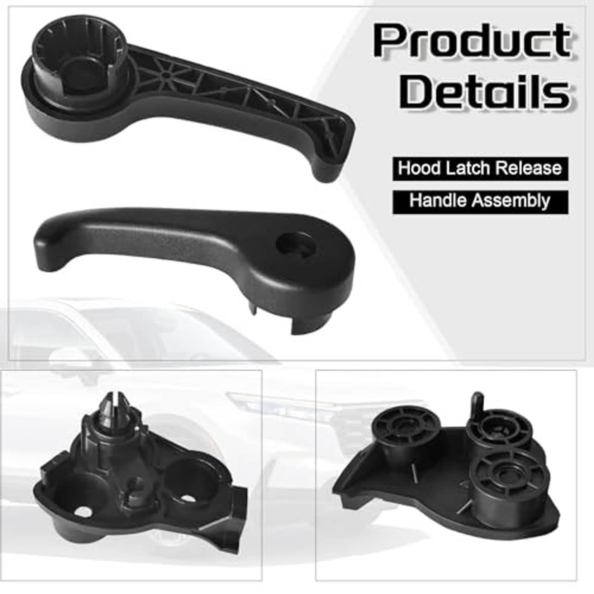 Hood latch release handle and base assembly, black plastic, shown from side