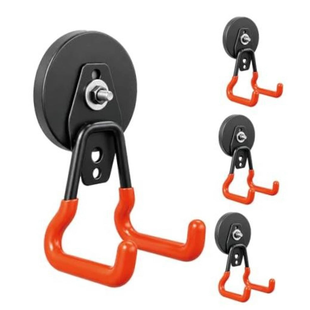 4-pack magnetic hooks with black circular magnets and orange rubber U-shaped hooks
