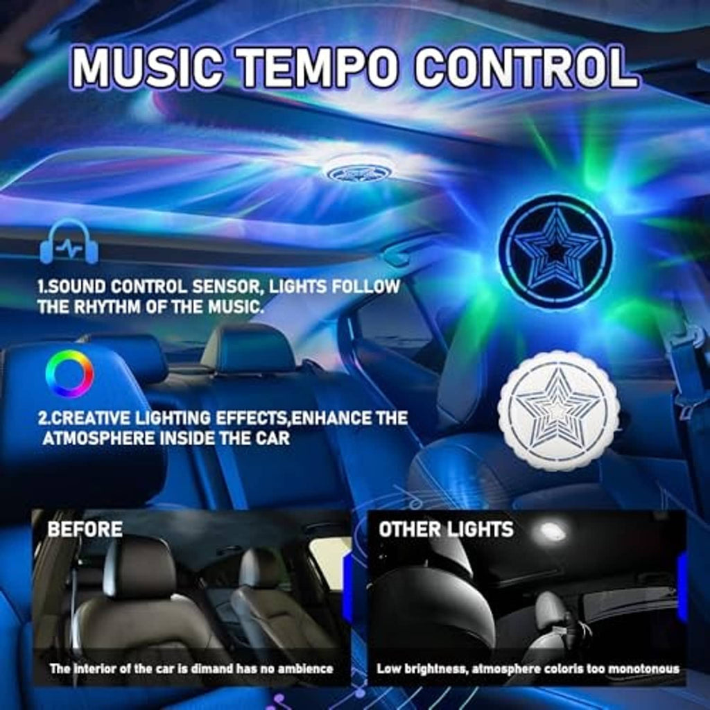 Round star-emblem LED ceiling light installed overhead in a car, blue multicolor glow