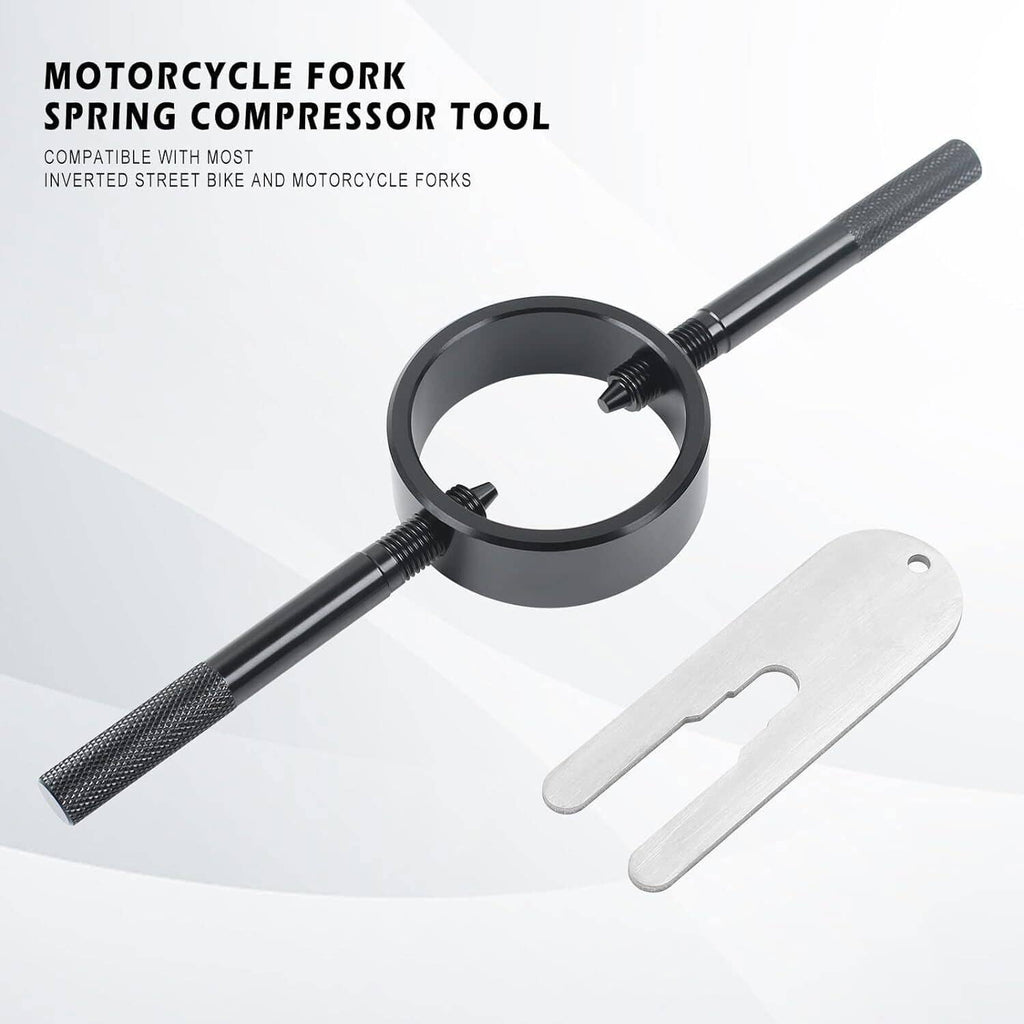 Motorcycle fork spring compressor tool with black ring, textured handle, and silver fork gauge