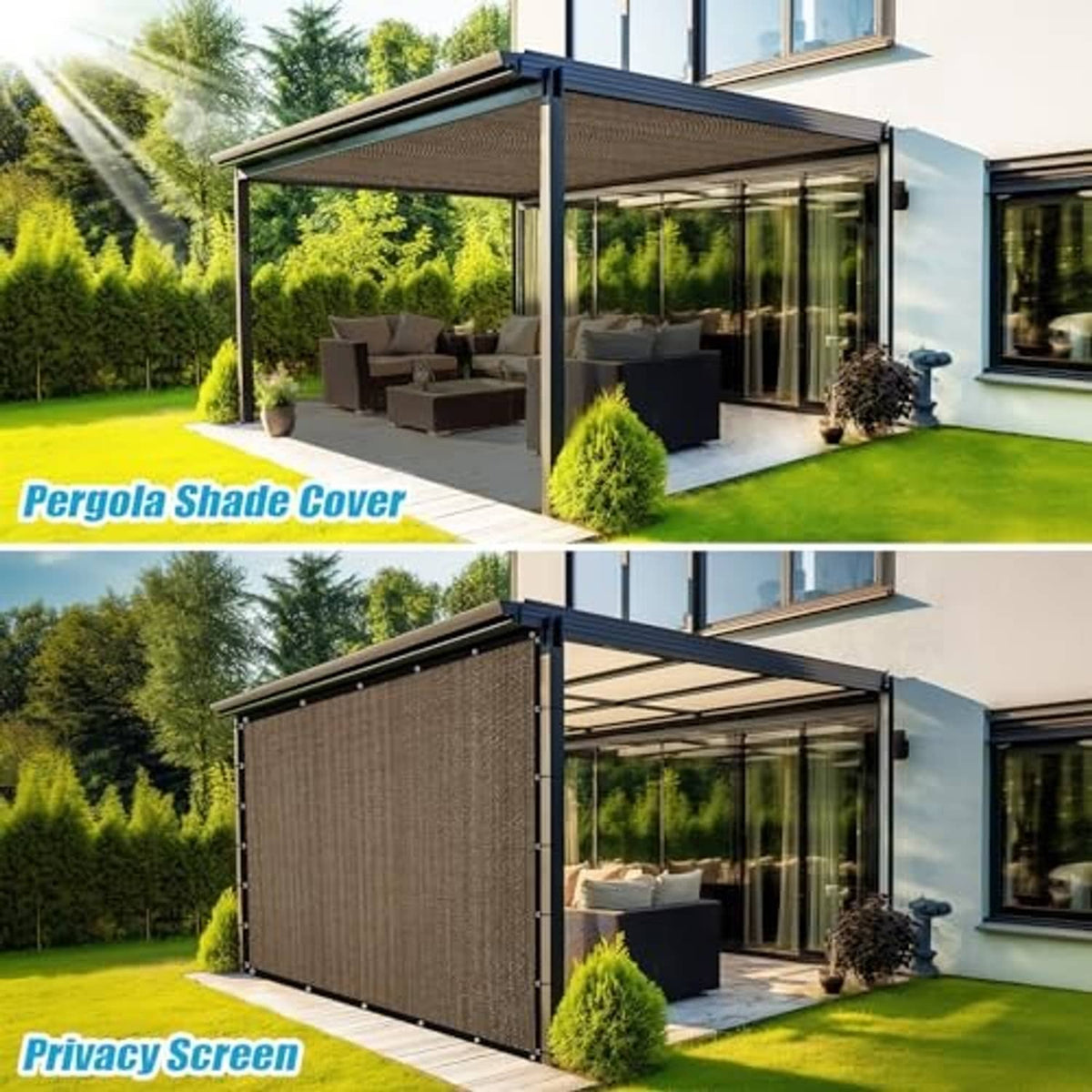 Woven pergola privacy shade cloth panel with grommet edge on patio frame