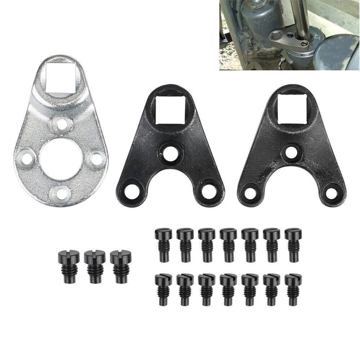 Tilt pin wrench set with silver and black wrenches plus assorted drive pins
