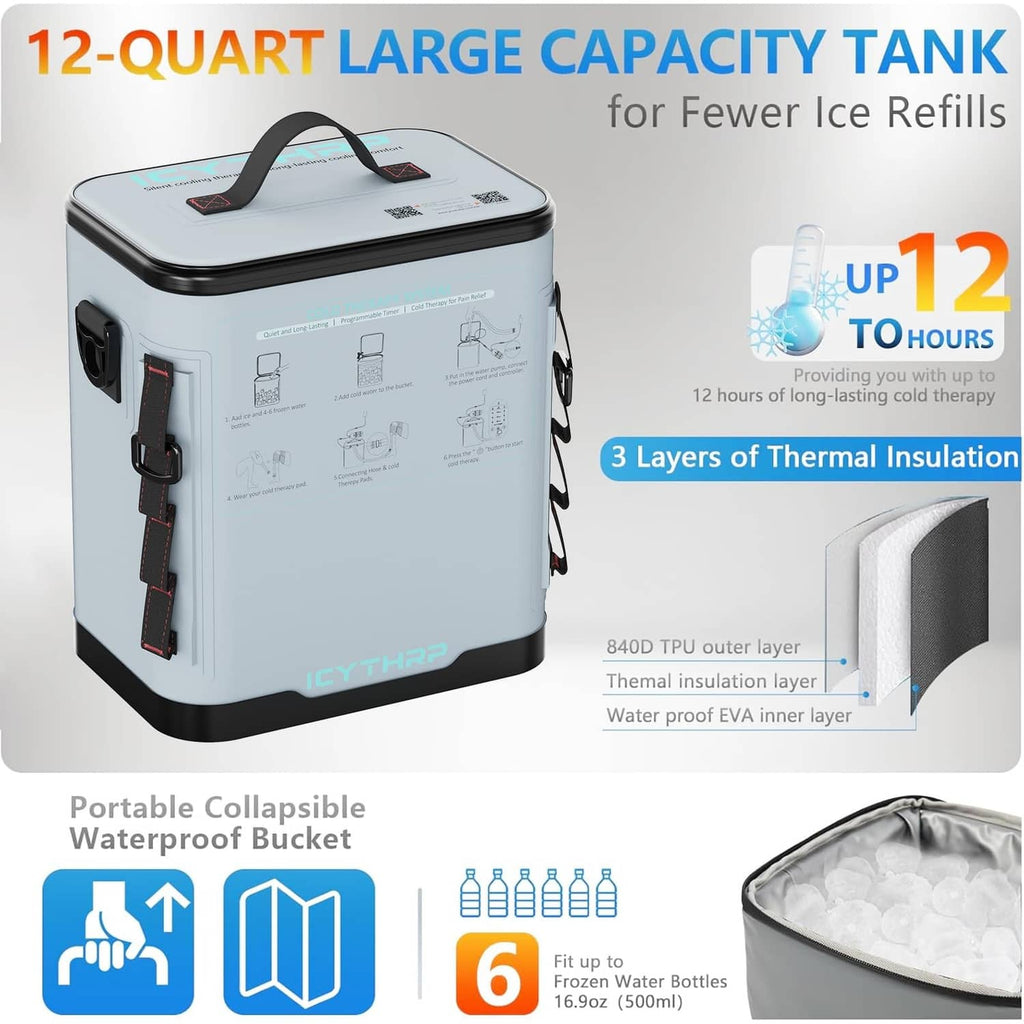 Gray cold therapy machine with large tank, thermal insulation, and carry handle