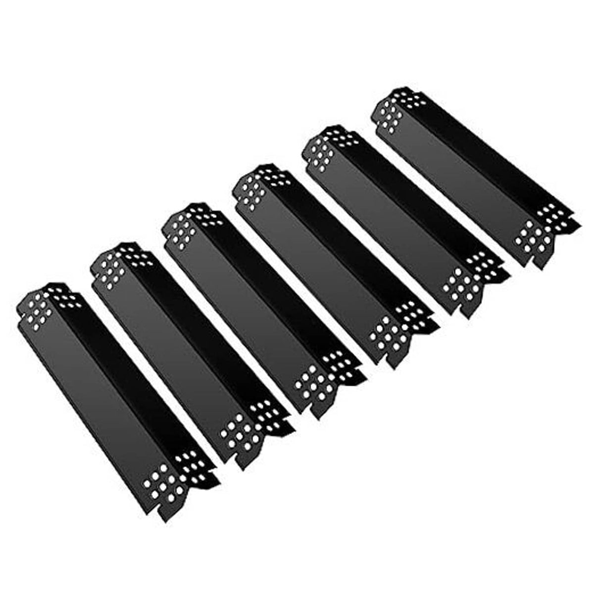 Set of black grill burner covers with perforated slots and side mounting holes