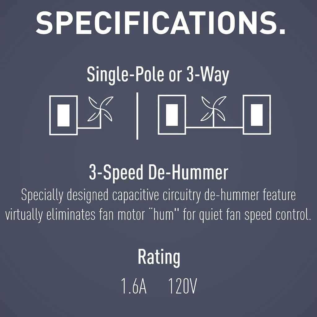 3-speed de-hummer fan speed wall switch specification diagram with single-pole or 3-way support