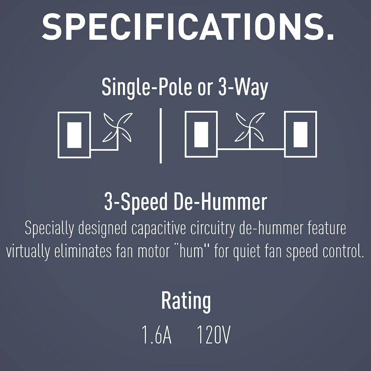 3-speed de-hummer fan speed wall switch specification diagram with single-pole or 3-way support