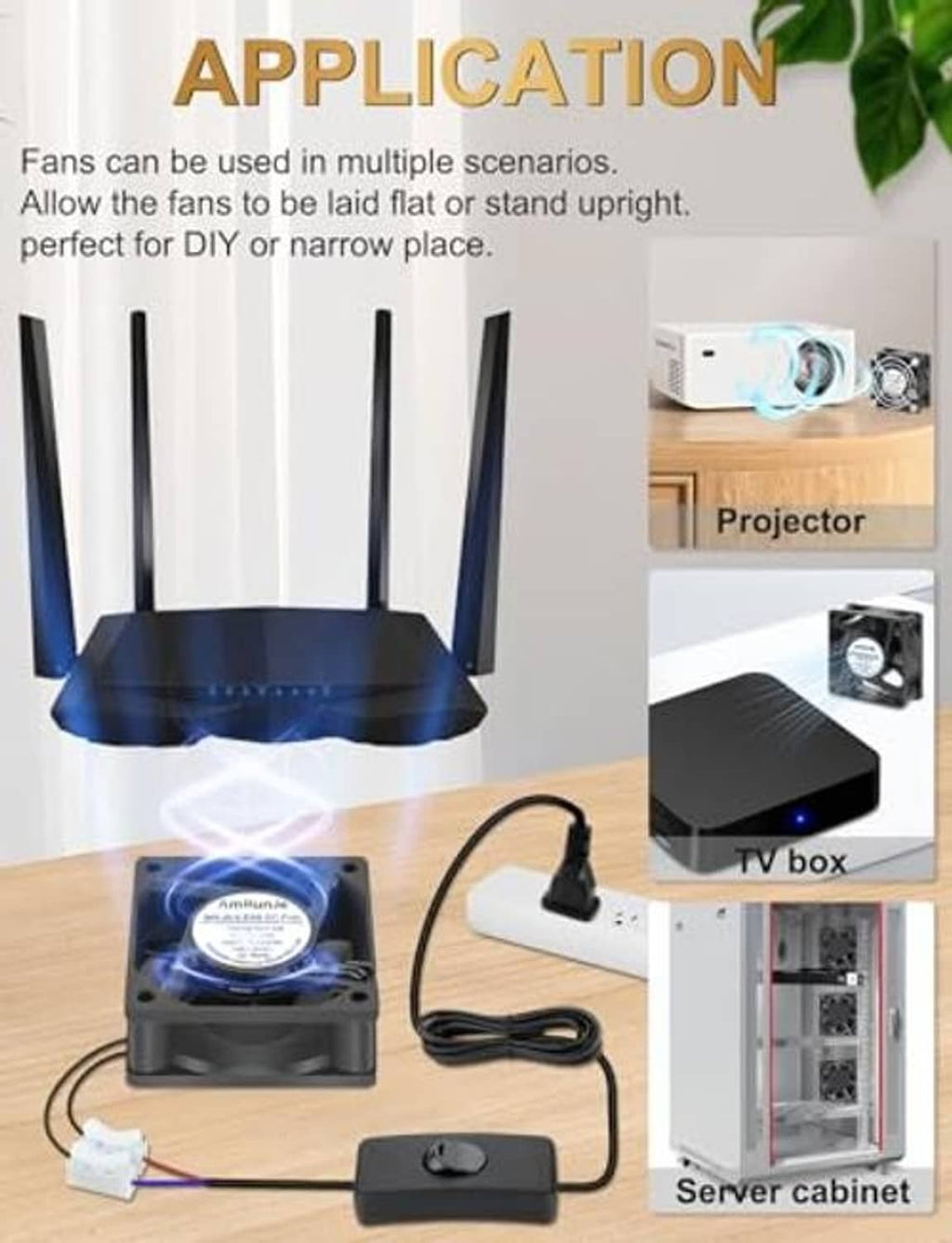 Compact DC cooling fan unit with power cord and controller, black square frame